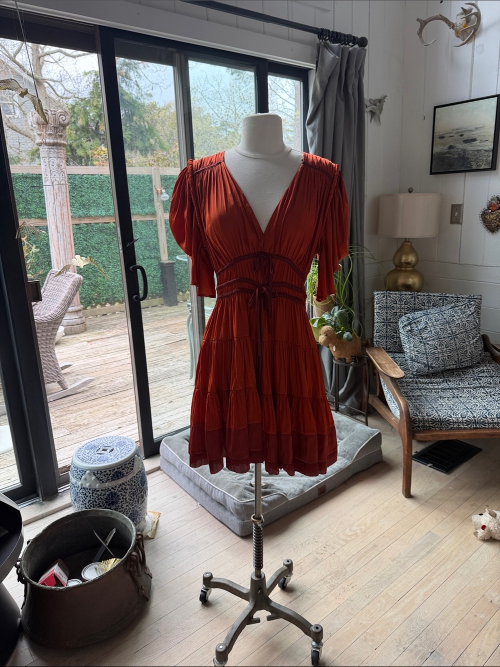 Ulla Johnson Rust Red Tiered V-Neck Mini Dress